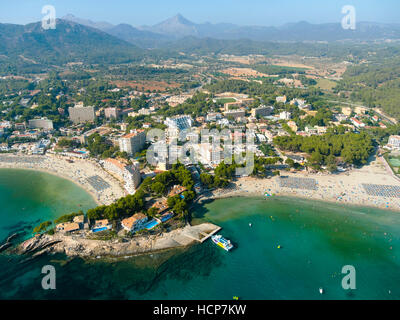 Aerial photograph, view of bay of Peguera, Tramuntana mountains behind, Mallorca, Balearic Islands, Spain Stock Photo