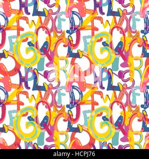 A lot of hand-drawn cute childish letters on white, seamless pattern Stock Vector