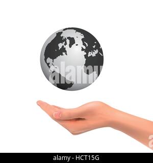 3d hand holding globe symbol over white background Stock Vector