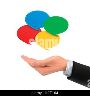 3d hand holding colorful speech bubble over white background Stock Vector