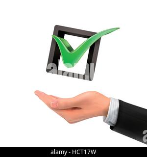 3d hand holding check mark over white background Stock Vector