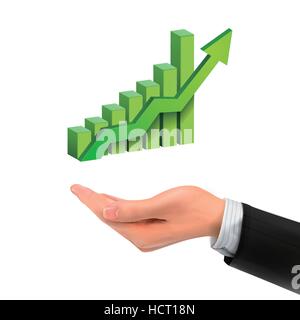 3d hand holding bar graph with rising arrow over white background Stock Vector