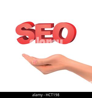 3d hand holding SEO words over white background Stock Vector