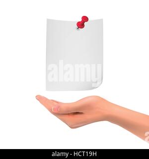 3d hand holding paper sheet for memo with pin over white background Stock Vector