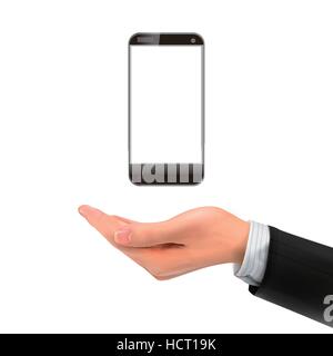 3d hand holding smartphone over white background Stock Vector