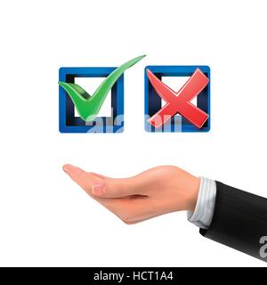 3d hand holding red and green check mark icons over white background Stock Vector