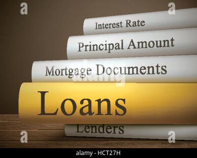 book title of loans isolated on a wooden table over dark background Stock Vector