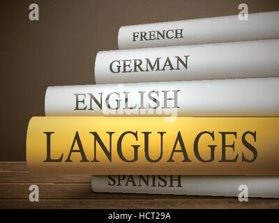 book title of languages isolated on a wooden table over dark background Stock Vector