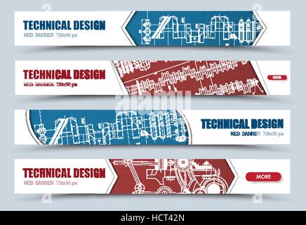 Design horizontal web banners with technical drawings. Templates blue, red and white colors with buttons. Vector illustration. Set Stock Vector