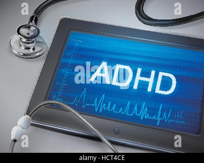 ADHD word display on tablet over table Stock Vector