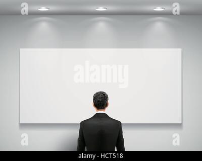 businessman stands in front of illuminated blank board Stock Vector
