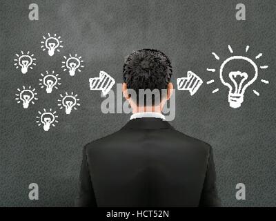cooperate concept: businessman stands in front of bulbs elements Stock Vector