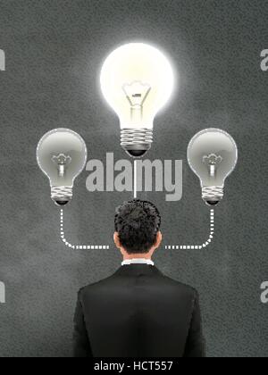 businessman with lighting bulb above head over grey Stock Vector