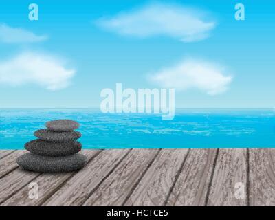 pebbles stack isolated on wooden floor over sea Stock Vector