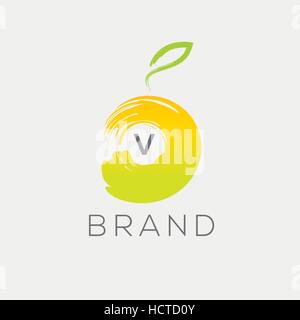 Orange vector logo. Lemon emblem. Citrus juice design element. Letter V fruit brand identity Stock Vector