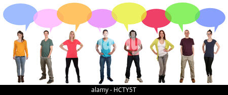Smiling multi ethnic large group of young people talking speaking saying speech bubble copyspace Stock Photo