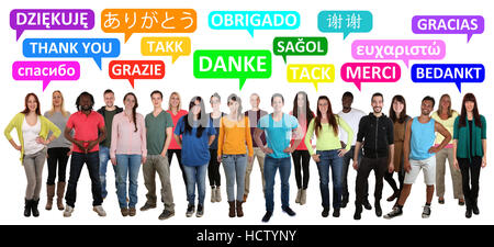 Thank you saying multi ethnic group of young people in different languages Stock Photo