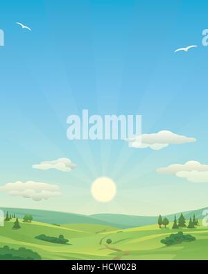 Sunrise over idyllic landscape, with rolling hills and clouds in the sky. Copy Space, Vertical. Stock Vector