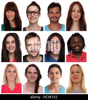 Collection group portraits of multiracial young smiling people faces isolated on a white background Stock Photo