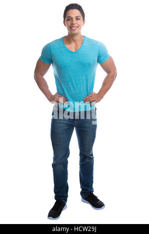 Young man muscular standing full body portrait smiling people muscles isolated on a white background Stock Photo