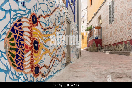 Tiled wall background textures on the walls of homes in Puerto Mogan, Gran Canaria, Spain Stock Photo