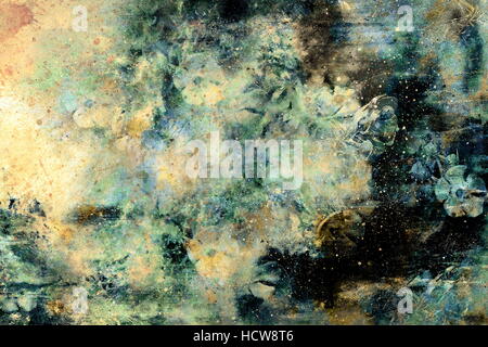 abstract multicolor flower motive collage in space. Old effect. Stock Photo