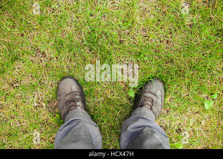 Male feet in brown leather shoes standing on bright green summer grass Stock Photo