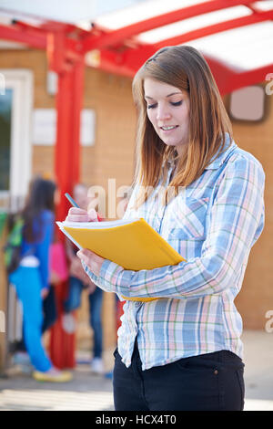 Teacher Standing In Playground Writing In Folder Stock Photo