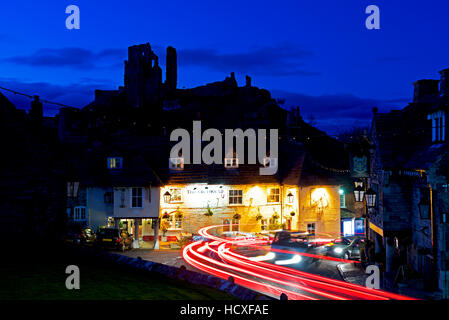 Corfe Castle at night, Isle of Purbeck, Dorset, England UK Stock Photo