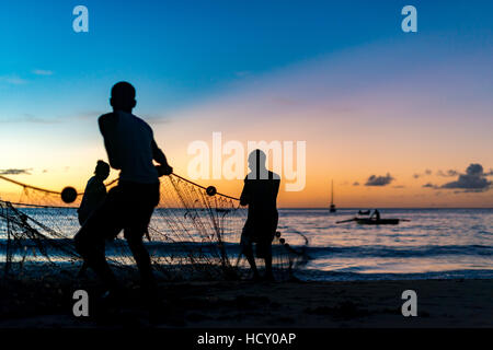 Seine net fishermen haul in a catch of fish in Castara Bay, Trinidad and Tobago, West Indies, Caribbean Stock Photo
