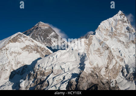 The massive black pyramid summit of Mount Everest seen from Kala Patar with Nuptse to the right, Khumbu Region, Nepal Stock Photo