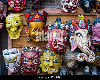 Painted face masks on display in the historical Newar city of Bhaktapur, Nepal Stock Photo