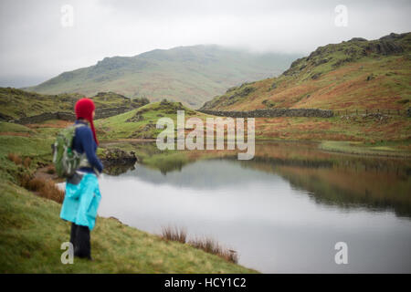 A woman looks out over Alcock Tarn near Grasmere, Lake District National Park, Cumbria, UK Stock Photo