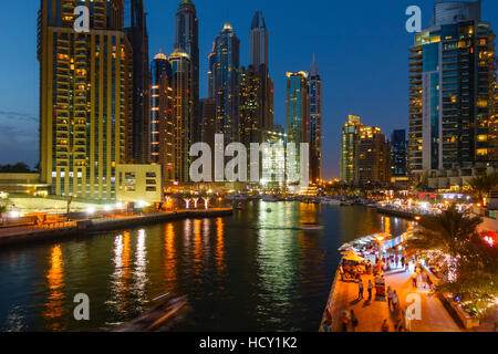 Dubai Marina by night, Dubai, United Arab Emirates, Middle East Stock Photo