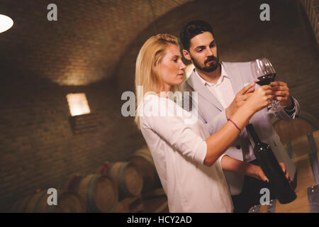 People tasting red wine in winery basement Stock Photo