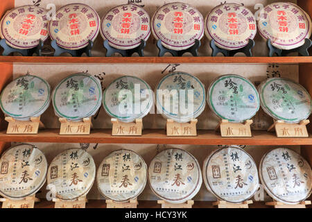 Lijiang, China - November 10, 2016: Interior of a tea shop in Lijiang Old Town. Close up of Puer Tea Stock Photo