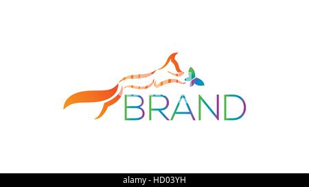 Fox chasing butterfly vector logo design template. Vixen illustration Stock Vector