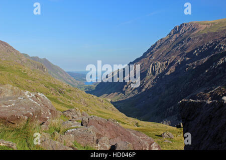 View of Llanberis from Pen y Pass on Pyg Track Snowdonia National Park Wales Stock Photo