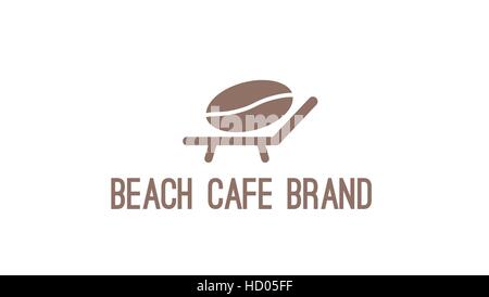 Coffee bean vector logo design template. Coffee bean on a sunbed relaxing and sunbathing. Beach cafe logo (sign, symbol, emblem Stock Vector
