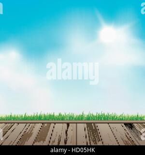 wooden floor with grass over blue sky background Stock Vector