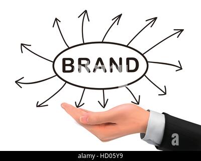 brand word holding by realistic hand over white background Stock Vector