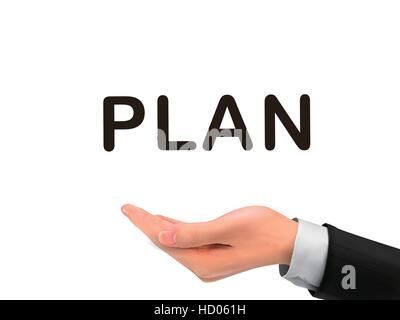 plan word holding by realistic hand over white background Stock Vector