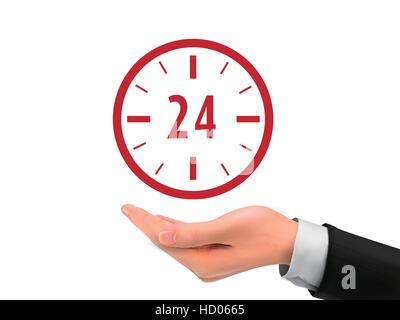 24 hours service icon holding by realistic hand over white background Stock Vector