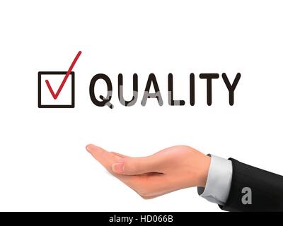 quality word holding by realistic hand over white background Stock Vector