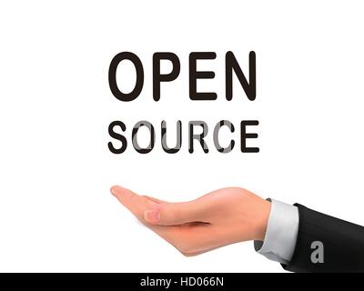 open source word holding by realistic hand over white background Stock Vector