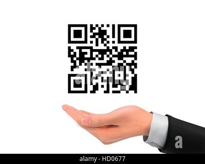 QR code sample holding by realistic hand over white background Stock Vector