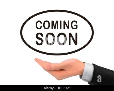 coming soon words holding by realistic hand over white background Stock Vector