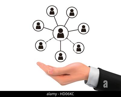 social network concept holding by realistic hand over white background Stock Vector