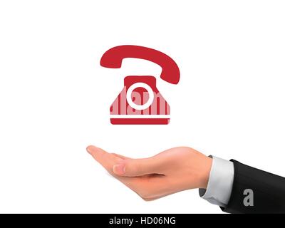 phone icon holding by realistic hand over white background Stock Vector