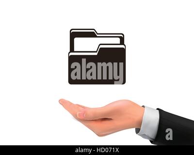 folder icon holding by realistic hand over white background Stock Vector